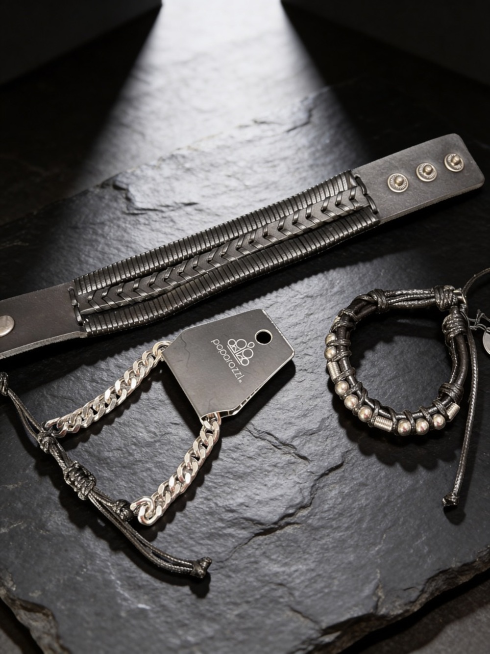 Boohoo Black Faux  Leather & Silver-Tone Chain Bracelet Set of 3
